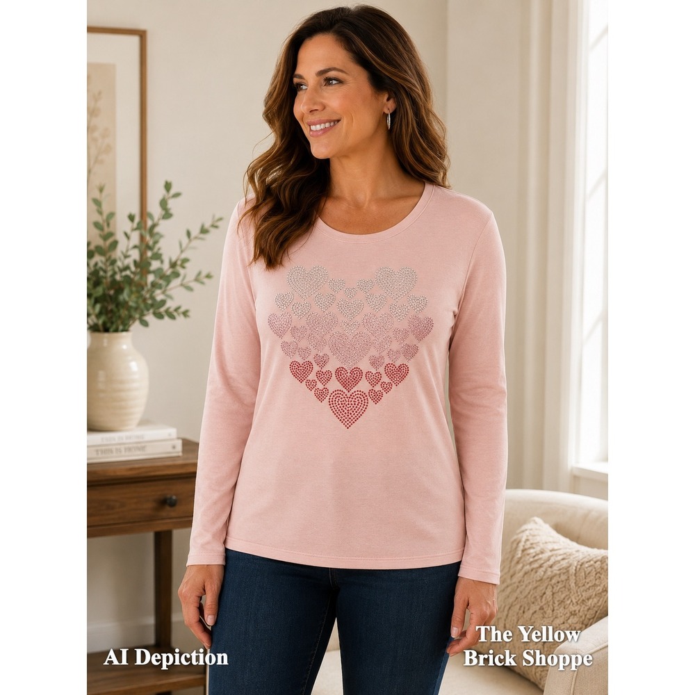89th & Madison Womens Long Sleeve Rhinestone Ombre Heart Top Lotus Pink L NWT